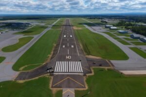 Aerial view of a modern airport runway.